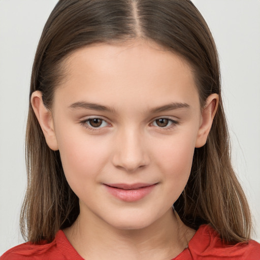 Joyful white child female with long  brown hair and brown eyes