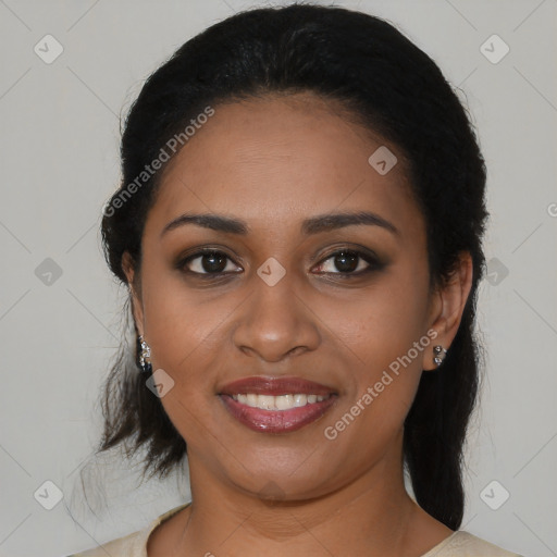 Joyful black young-adult female with medium  black hair and brown eyes