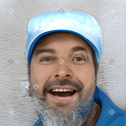 Joyful white adult male with short  black hair and brown eyes