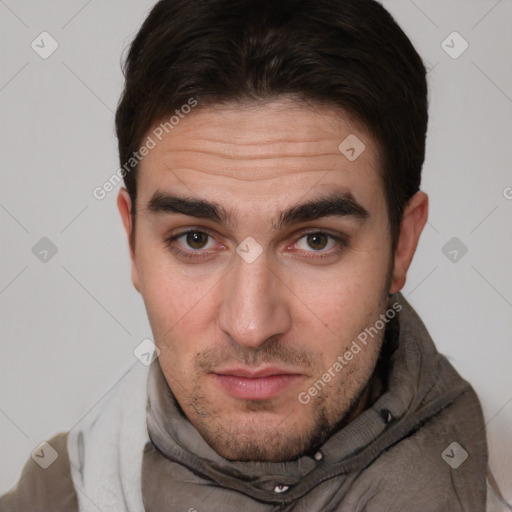 Neutral white young-adult male with short  brown hair and brown eyes