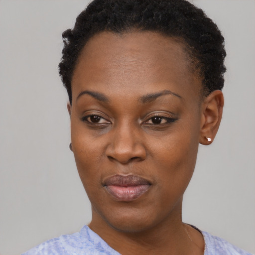 Neutral black young-adult female with short  black hair and brown eyes