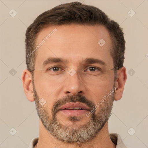 Neutral white adult male with short  brown hair and brown eyes