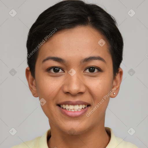 Joyful asian young-adult female with short  brown hair and brown eyes