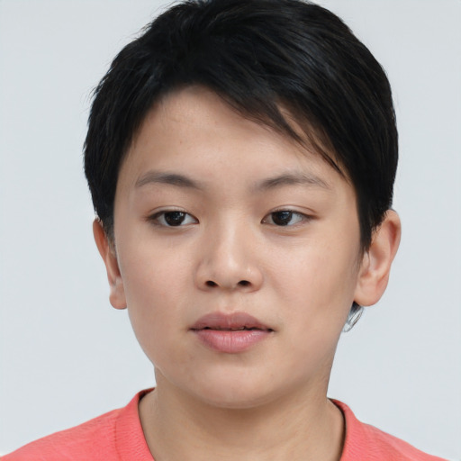 Neutral asian young-adult female with short  brown hair and brown eyes
