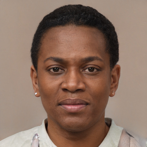 Joyful black adult female with short  black hair and brown eyes