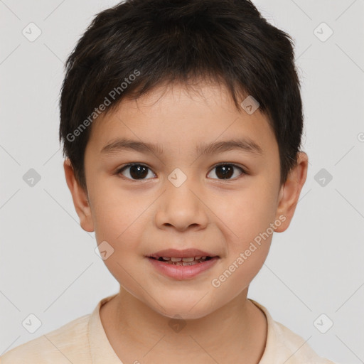 Joyful white child male with short  brown hair and brown eyes