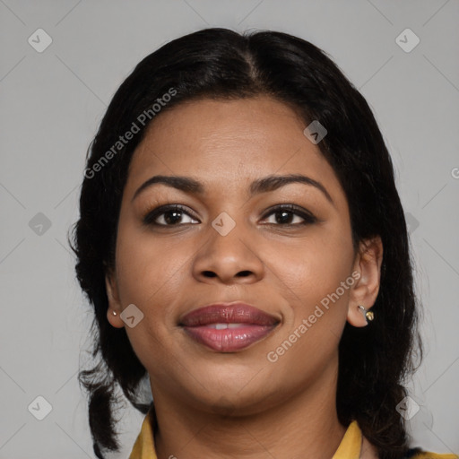 Joyful asian young-adult female with medium  black hair and brown eyes