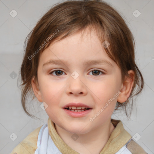 Joyful white child female with medium  brown hair and brown eyes