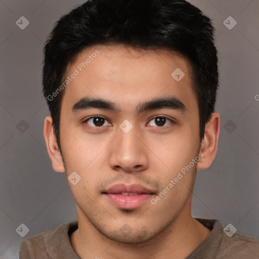 Neutral latino young-adult male with short  brown hair and brown eyes