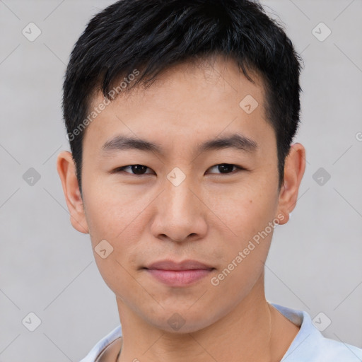 Neutral asian young-adult male with short  black hair and brown eyes