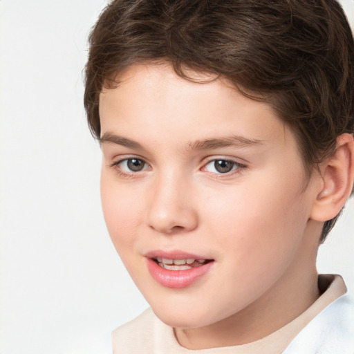 Joyful white child female with short  brown hair and brown eyes