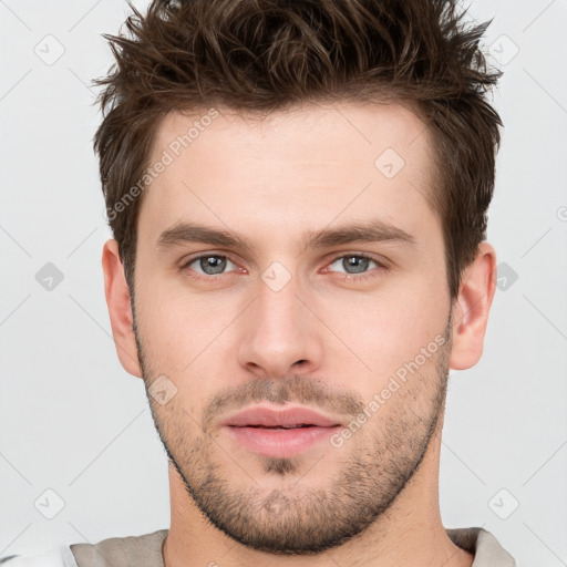 Neutral white young-adult male with short  brown hair and brown eyes