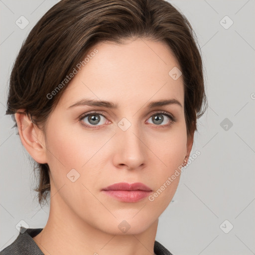 Neutral white young-adult female with medium  brown hair and grey eyes