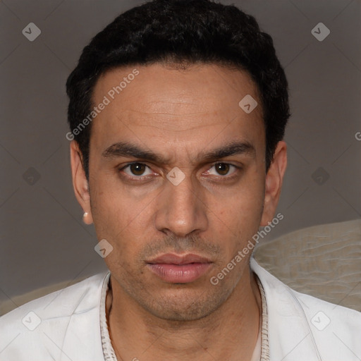 Neutral white adult male with short  black hair and brown eyes