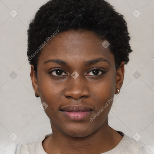 Neutral black young-adult female with short  black hair and brown eyes