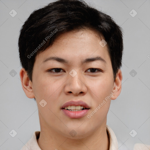 Joyful asian young-adult female with short  brown hair and brown eyes