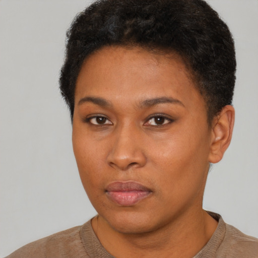 Neutral black young-adult female with short  black hair and brown eyes