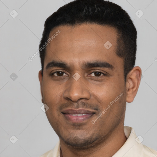 Joyful black young-adult male with short  black hair and brown eyes