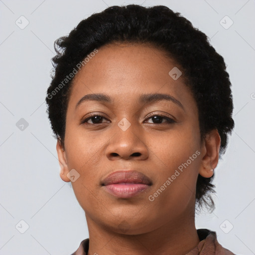 Joyful latino young-adult female with short  black hair and brown eyes