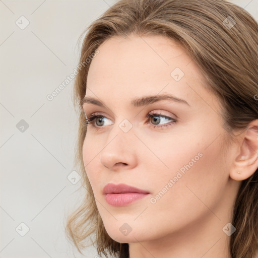 Neutral white young-adult female with long  brown hair and grey eyes