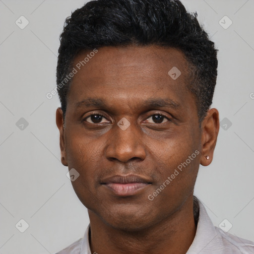 Neutral black young-adult male with short  black hair and brown eyes
