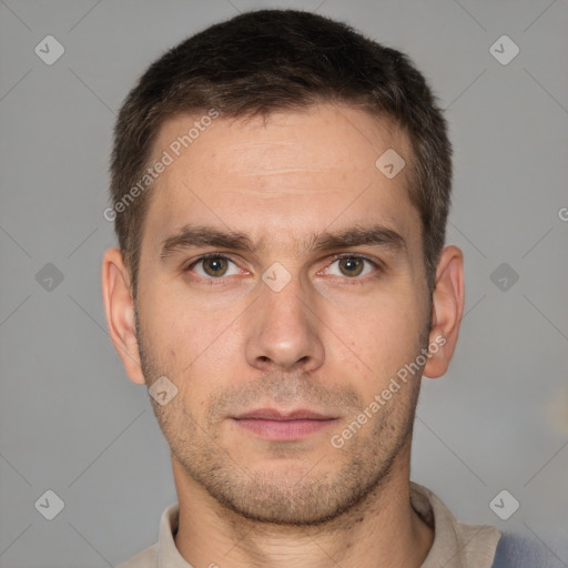 Neutral white young-adult male with short  brown hair and brown eyes