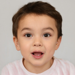 Joyful white child female with short  brown hair and brown eyes