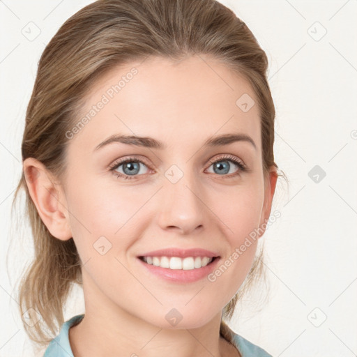 Joyful white young-adult female with medium  brown hair and blue eyes