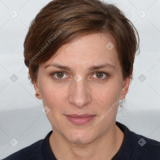 Joyful white adult female with short  brown hair and grey eyes