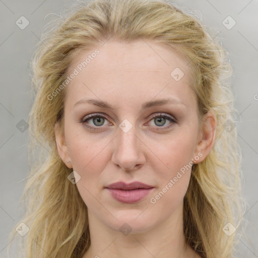 Joyful white young-adult female with medium  brown hair and blue eyes