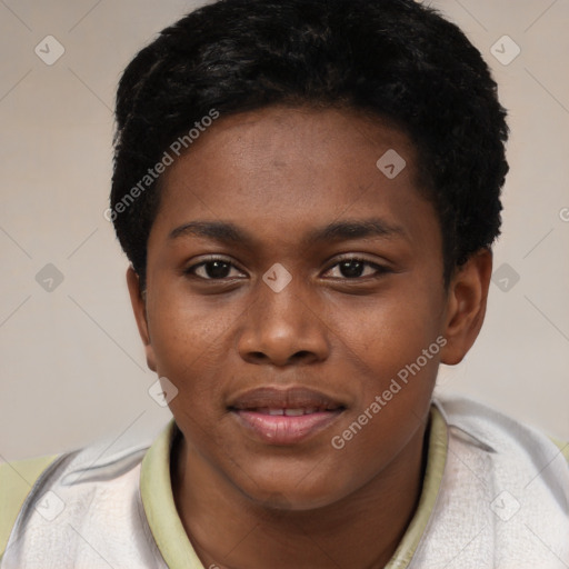 Joyful latino young-adult female with short  black hair and brown eyes