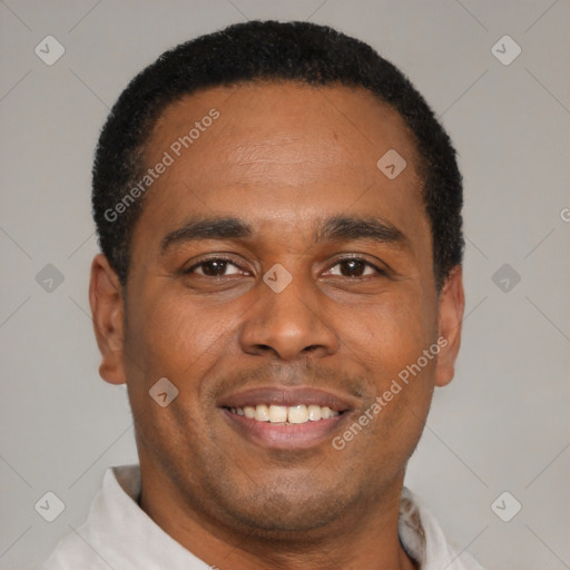 Joyful latino young-adult male with short  brown hair and brown eyes