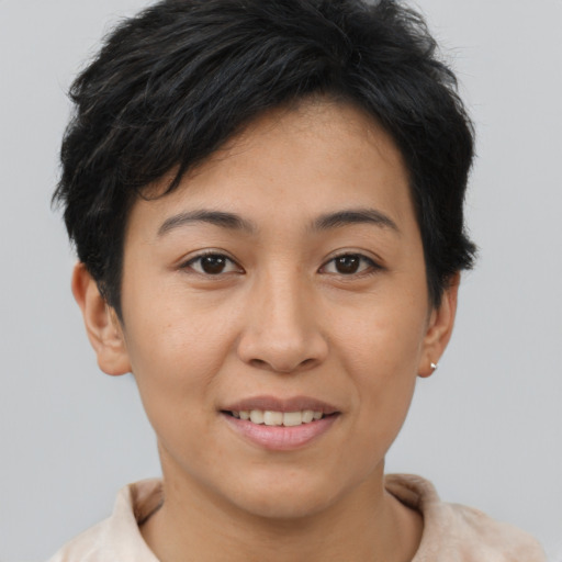 Joyful asian young-adult female with short  brown hair and brown eyes