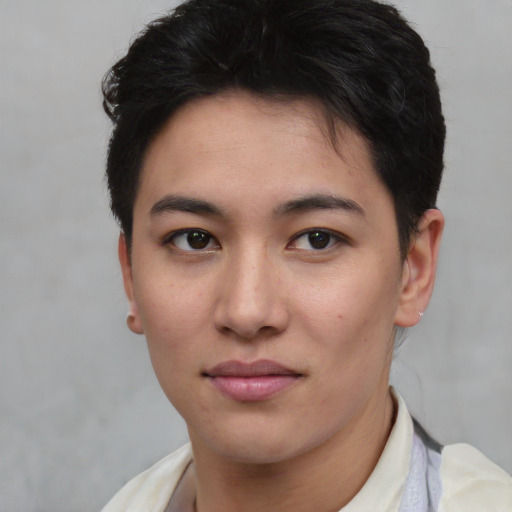 Neutral asian young-adult female with short  brown hair and brown eyes