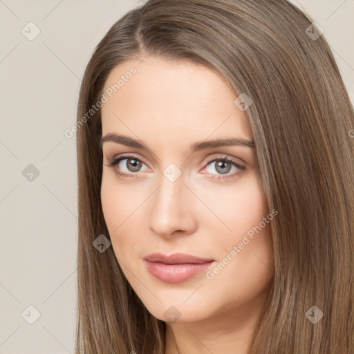 Neutral white young-adult female with long  brown hair and brown eyes