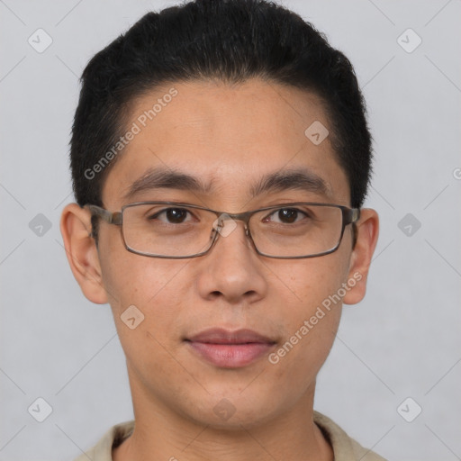 Neutral asian young-adult male with short  brown hair and brown eyes