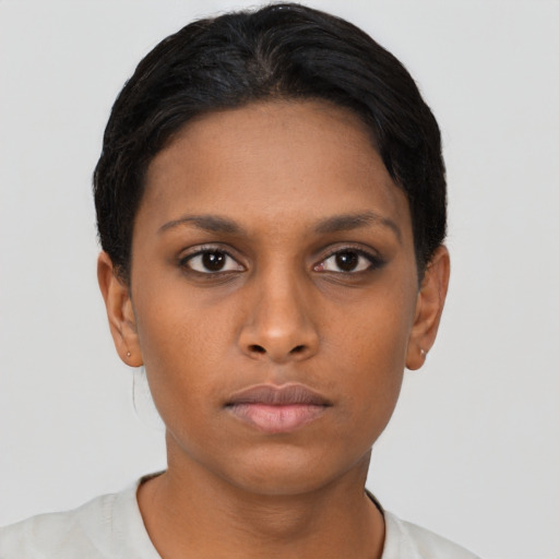 Neutral asian young-adult female with short  brown hair and brown eyes