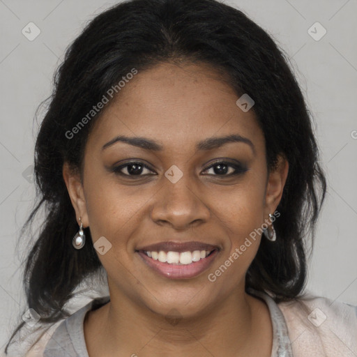 Joyful black young-adult female with medium  brown hair and brown eyes