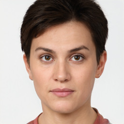 Neutral white young-adult female with short  brown hair and brown eyes