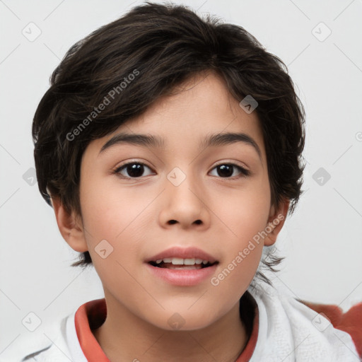 Joyful white child female with short  brown hair and brown eyes