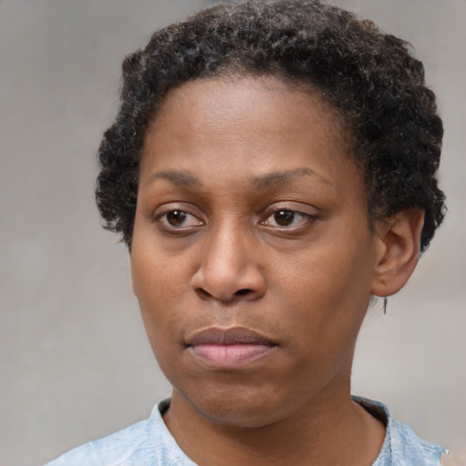 Neutral black adult female with short  brown hair and brown eyes