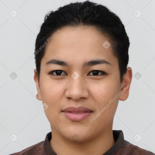 Joyful asian young-adult female with short  black hair and brown eyes