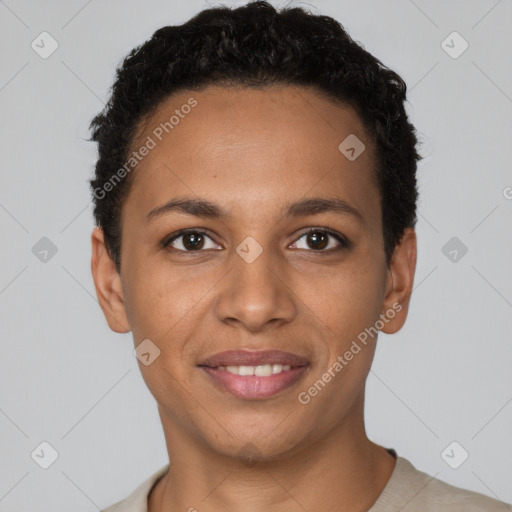 Joyful latino young-adult female with short  brown hair and brown eyes