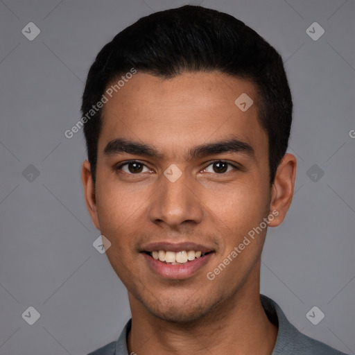 Joyful white young-adult male with short  black hair and brown eyes