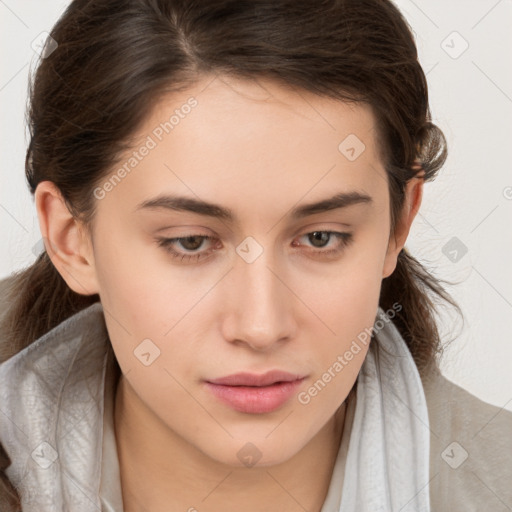 Neutral white young-adult female with medium  brown hair and brown eyes