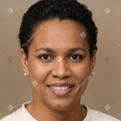 Joyful black young-adult female with short  brown hair and brown eyes