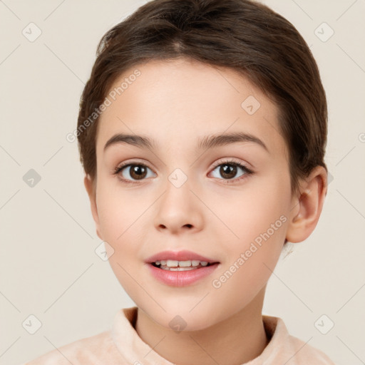 Joyful white child female with short  brown hair and brown eyes