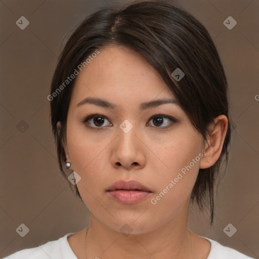 Neutral white young-adult female with medium  brown hair and brown eyes