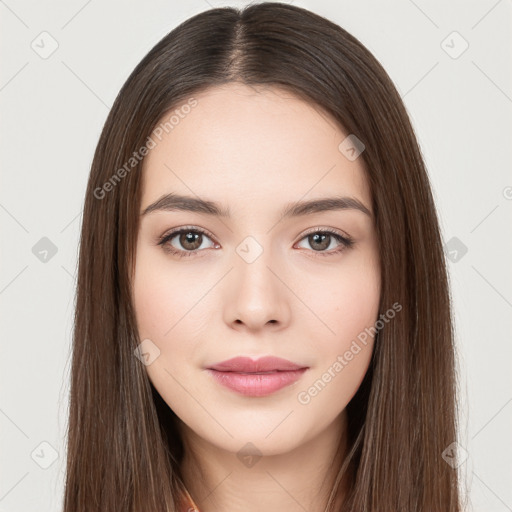 Neutral white young-adult female with long  brown hair and brown eyes