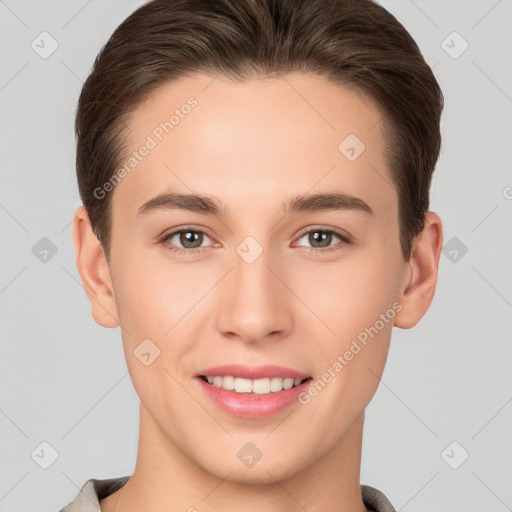 Joyful white young-adult female with short  brown hair and brown eyes